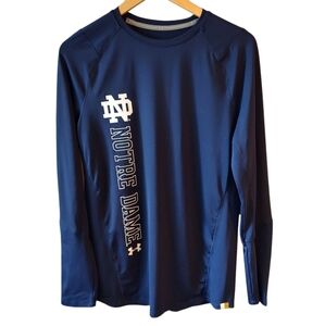 Under Armour Navy Blue and White Long Sleeve Notre Dame Fitted Shirt Size Medium